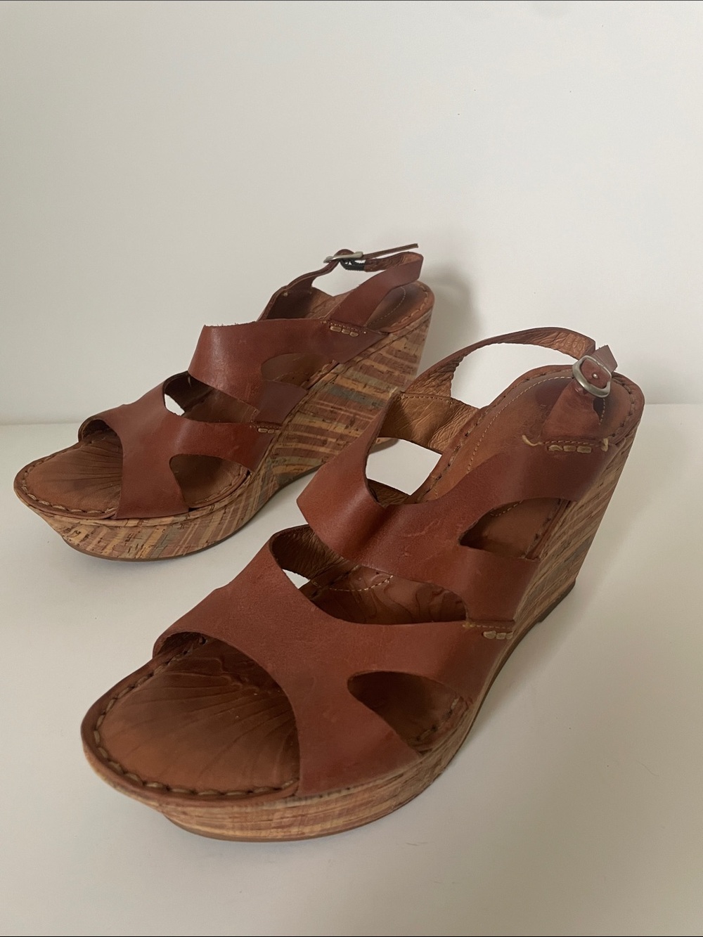 Born Leather Cork Wedge Sandals Brown Cognac Size 8
